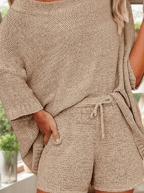 Khaki Casual Women's Off-Shoulder Knit Top & Shorts Matching Lounge Set